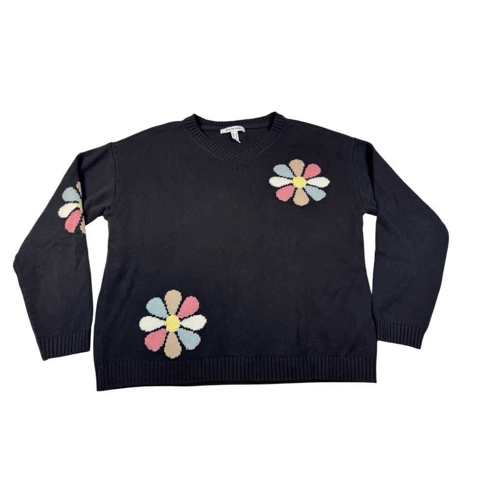 Peace Love World Garden Party Floral Sweater Black Size S Cotton Daisy V Neck